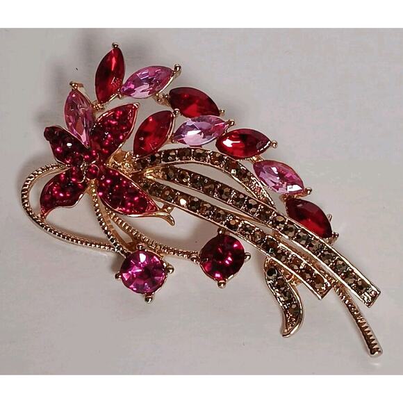 Napier Gold Tone Brooch Pin Ruby Red Pink Cascading Rhinestone - Picture 8 of 11